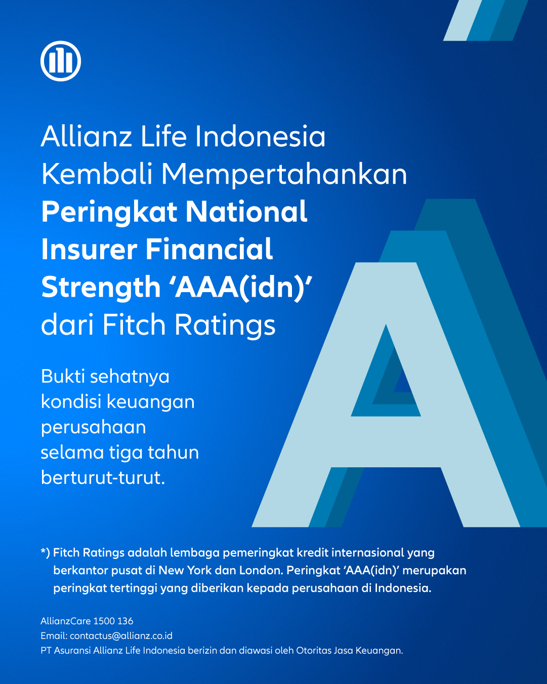 Di Tengah Tantangan Ekonomi, Allianz Life Indonesia Pertahankan Peringkat Nasional Tertinggi ‘AAA’ dari Fitch Ratings